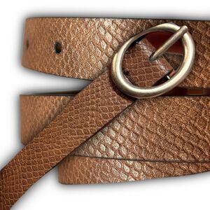 Faux Snakeskin Embossed Skinny Belt in Cognac Brown